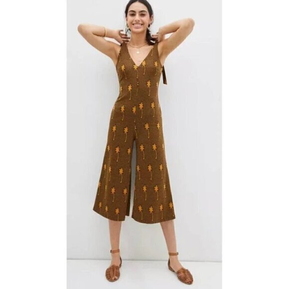 NWT Hutch by Anthropologie Pineapple Knit Mimi Palm Brown Wide-Leg Jumpsuit - Picture 1 of 10